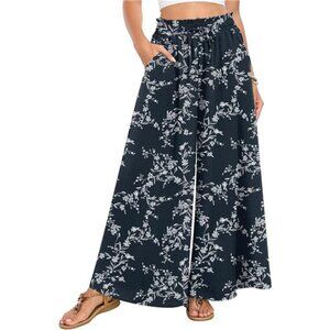 Women's Wide Leg Palazzo Pants High Waist White Carvings Navy